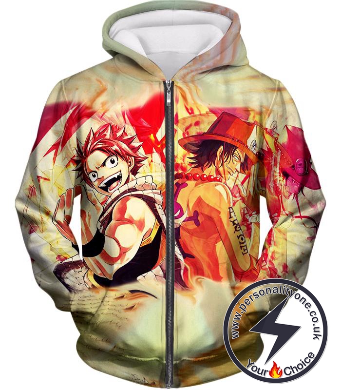 One Piece Cool Fire Using Anime Characters Natsu Dragneel and Portgas D Ace Zip Up Hoodie